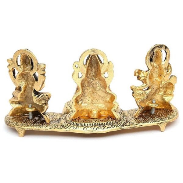 4-34-2.jpg Brass Lakshmi-Ganesha-Saraswati Diya Holder on Leaf Plate Gold-Tone Hindu Trio Statues with Oil Lamp for Puja Room, Temple & Home Decor, Diwali & Wedding Gift