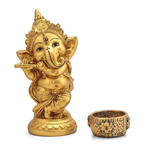 Lord Ganesha Playing Flute Idol with Decorative Tealight Diya Gold Finish Ganpati Statue for Home, Office & Pooja Room Decor (6 Inch)