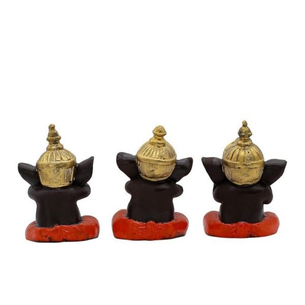 Set of 3 Polyresin 3 Wise Ganesha Figurines, Decorative Showpiece with Gold Crown, 4.5 Inch, Dark Brown for Home, Office & Temple Decor