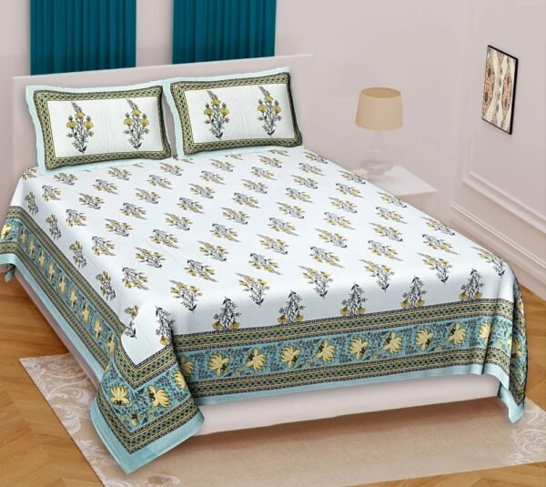 Jaipuri Printed Cotton Double / King Size Bedsheet ? Traditional Rajasthani Block-Print, 100% Soft Breathable Cotton