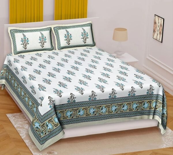 Jaipuri Printed Cotton Double / King Size Bedsheet ? Traditional Rajasthani Block-Print, 100% Soft Breathable Cotton