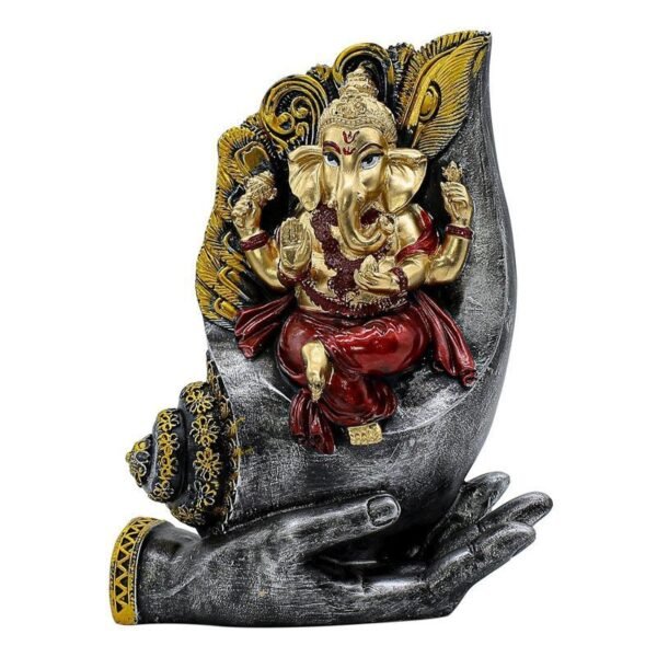 5-12-2.jpg Ganesha Sitting on Conch Shell Statue - Black and Red - Metal/Stone - Home/Office Decor - Auspicious Gift