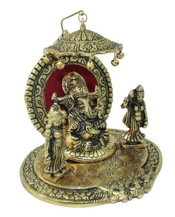 Golden Ganesha Statue with Riddhi Siddhi - Brass - Hindu God Showpiece for Home Decor & Gifting