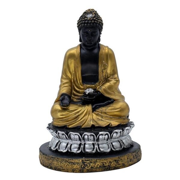 5-21-1.jpg Samadhi Buddha Statue, Black and Gold, 21.6 x 15.2 cm, Silver Lotus Base