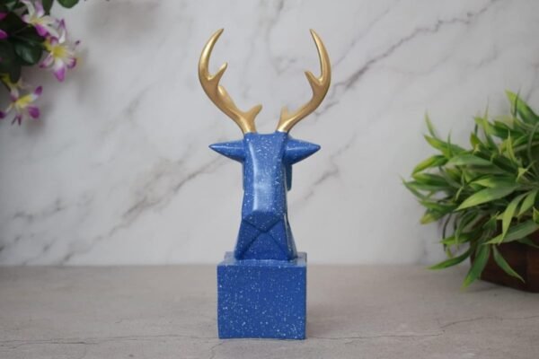 Blue Deer Head Sculpture with Gold Antlers - Modern Home Decor - Unique Gift Idea