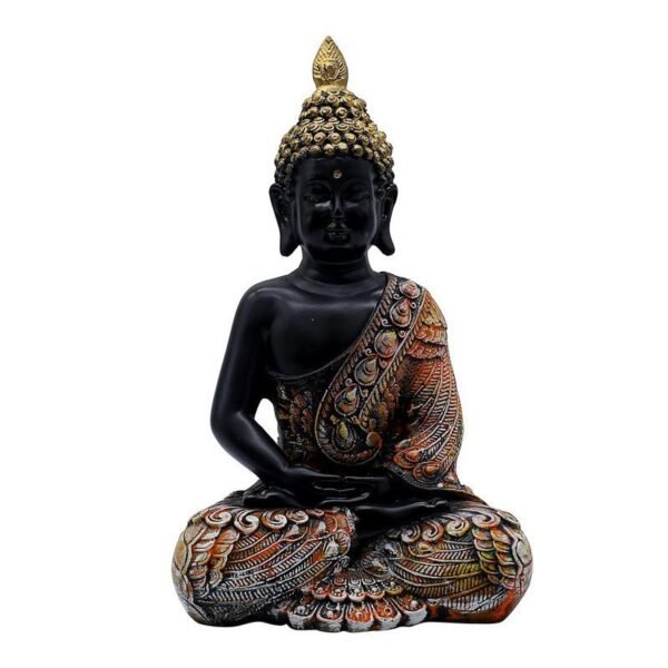 5-27-1.jpg Meditating Sitting Buddha Statue Showpiece Idol Home Decor Items with Gold Crown and Carved Robe, Black and Orange, 28 cm x 15 cm
