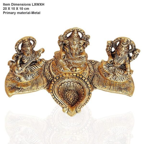 5-27-2.jpg Brass Lakshmi-Ganesha-Saraswati Diya Holder on Leaf Plate Gold-Tone Hindu Trio Statues with Oil Lamp for Puja Room, Temple & Home Decor, Diwali & Wedding Gift