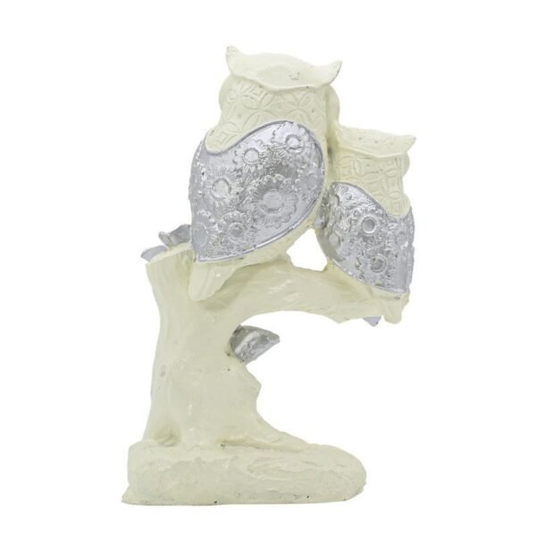 Polyresin Owl Set of 2 Showpiece for Table Decor, White and Silver, 9 inch Height
