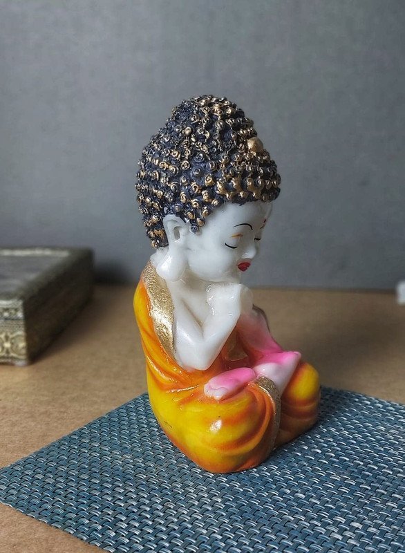 5-4-1.jpg Handicrafts Baby Buddha Showpiece Resin & Sandalwood Monk Figurine for Home & Living Room decor, Perfect Diwali Gift for Family & Friends (12X10X18cm, Orange)