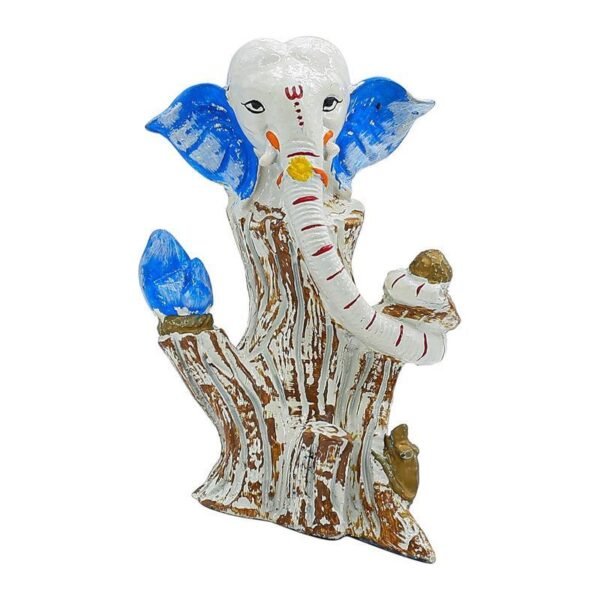 White & Blue Lord Ganesha Idol on Tree Log | Polyresin Ganpati Statue for Home Decor, Pooja Room, Car Dashboard & Gift | Decorative Ganesh Murti 5 Inch
