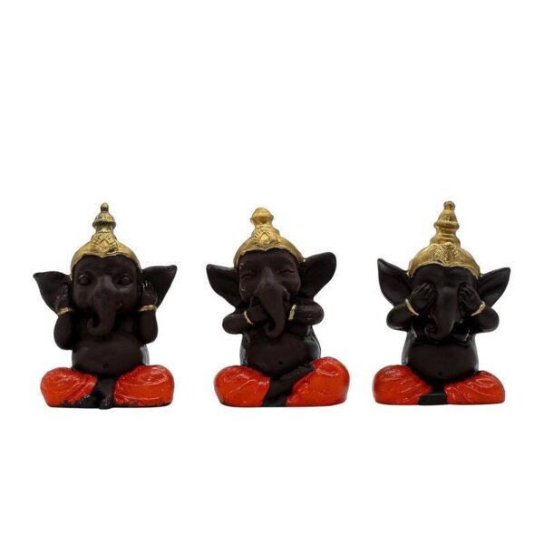 Set of 3 Polyresin 3 Wise Ganesha Figurines, Decorative Showpiece with Gold Crown, 4.5 Inch, Dark Brown for Home, Office & Temple Decor