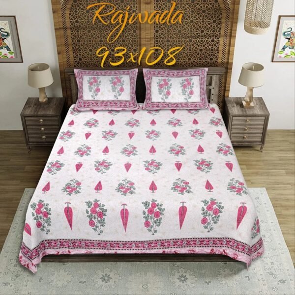 King Size Jaipuri Bedsheet | Premium Cotton Double Bed Sheet with Traditional Rajasthani Print & 2 Pillow Covers
