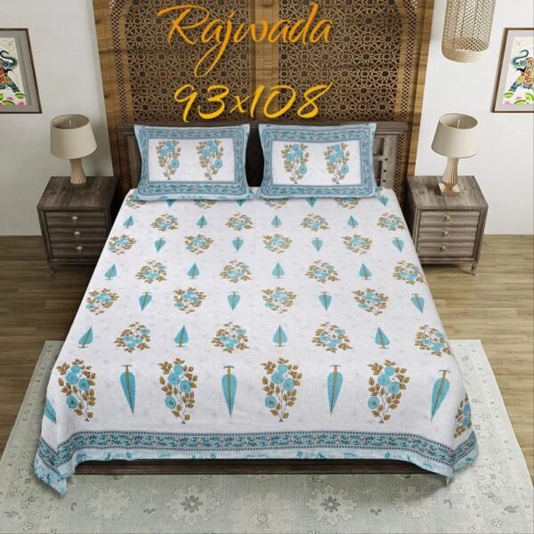 King Size Jaipuri Bedsheet | Premium Cotton Double Bed Sheet with Traditional Rajasthani Print & 2 Pillow Covers