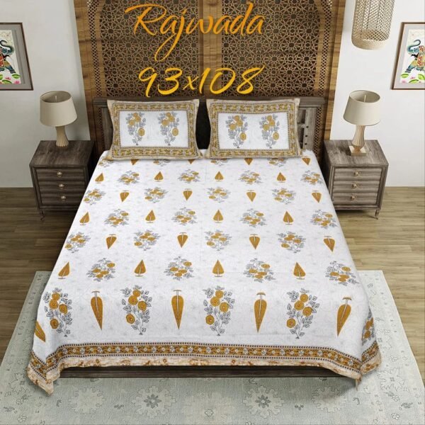 King Size Jaipuri Bedsheet | Premium Cotton Double Bed Sheet with Traditional Rajasthani Print & 2 Pillow Covers