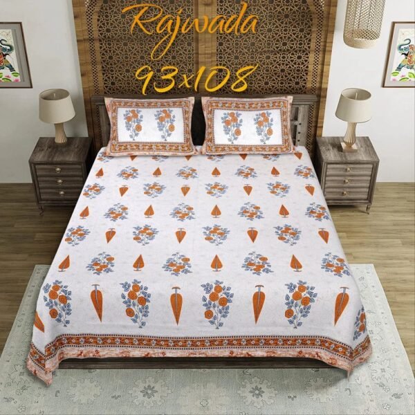 King Size Jaipuri Bedsheet | Premium Cotton Double Bed Sheet with Traditional Rajasthani Print & 2 Pillow Covers