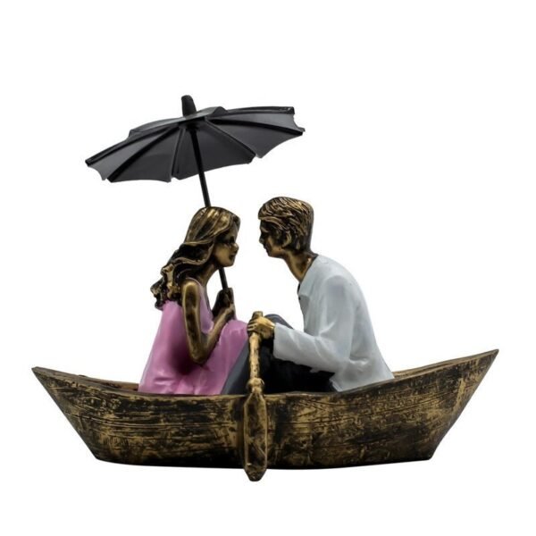 Romantic Couple in Boat Resin Sculpture HandPainted Umbrella Love Statue for Home Decor, Anniversary, Valentines Day Gift