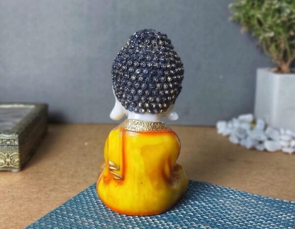 6-1-1.jpg Handicrafts Baby Buddha Showpiece Resin & Sandalwood Monk Figurine for Home & Living Room decor, Perfect Diwali Gift for Family & Friends (12X10X18cm, Orange)
