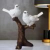 White Resin Birds Perched on Branch Sculpture - Nature Lover Gift, Shelf Decor