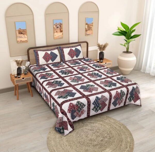 7-1000x1000-1.jpeg Jaipuri Cotton Quilt-Style Double Bed Sheet with 2 Pillow Covers ? Traditional Block Print Design ? Soft, Breathable 100% Cotton Bed Linen Set