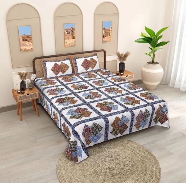 9-1000x1000-1.jpeg Jaipuri Cotton Quilt-Style Double Bed Sheet with 2 Pillow Covers ? Traditional Block Print Design ? Soft, Breathable 100% Cotton Bed Linen Set