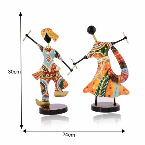 Cute Multicolor Dandiya Couple in Metal | Handcrafted Decorative Showpiece for Home & Table D?cor | Traditional Rajasthani Folk Art Figurines
