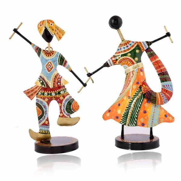 Cute Multicolor Dandiya Couple in Metal | Handcrafted Decorative Showpiece for Home & Table D?cor | Traditional Rajasthani Folk Art Figurines