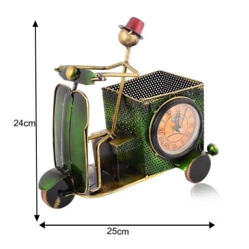 Metal Green Scooter Pen Stand with Clock | Handcrafted Desk Organizer | Stylish Table Decor for Home & Office