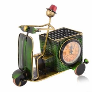 Metal Green Scooter Pen Stand with Clock Handcrafted Desk Organizer Stylish Table Decor for Home Office