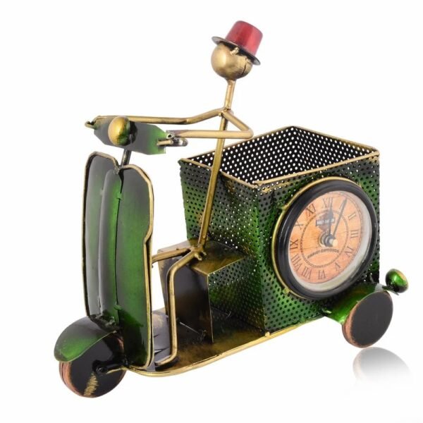 Metal Green Scooter Pen Stand with Clock | Handcrafted Desk Organizer | Stylish Table Decor for Home & Office