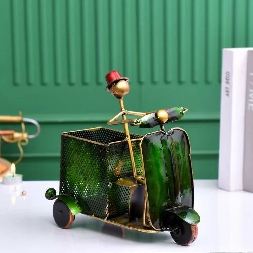 Metal Green Scooter Pen Stand with Clock | Handcrafted Desk Organizer | Stylish Table Decor for Home & Office