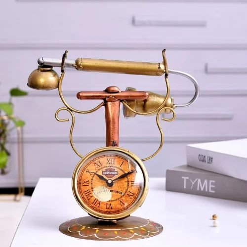 dsc-2173-500x500-1.jpg Handcrafted Metal Antique Telephone with Clock | Classic Vintage Home Decoration Piece | Unique Table Clock & Retro Showpiece