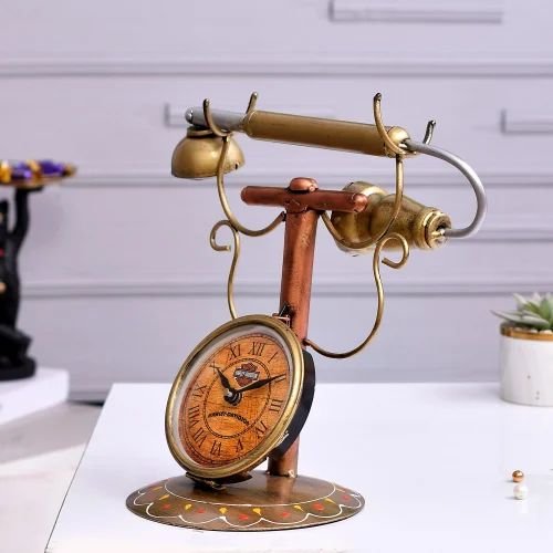dsc-2182-500x500-1.jpg Handcrafted Metal Antique Telephone with Clock | Classic Vintage Home Decoration Piece | Unique Table Clock & Retro Showpiece