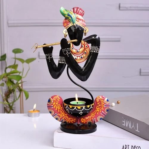 Metal Decorative Black Krishna T Lite Holder | Handcrafted Tea Light Candle Stand for Home Temple & Festival D?cor