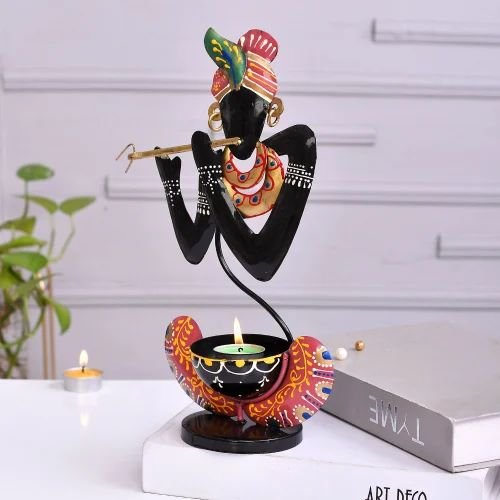 Metal Decorative Black Krishna T Lite Holder | Handcrafted Tea Light Candle Stand for Home Temple & Festival D?cor