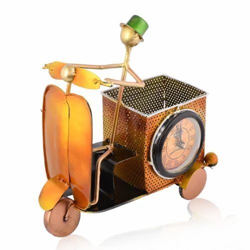 Metal Scooter Pen Holder with Clock | Decorative Table Organizer for Office & Home Decor