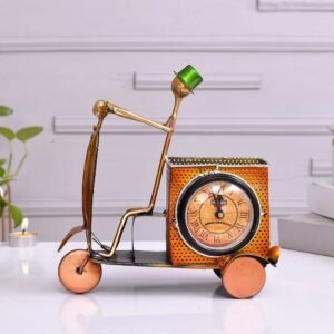 Metal Scooter Pen Holder with Clock | Decorative Table Organizer for Office & Home Decor