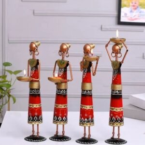 Handmade Metal Labour Lady Showpiece in Red Dress | Artistic Home Decoration Piece for Living Room & Gift