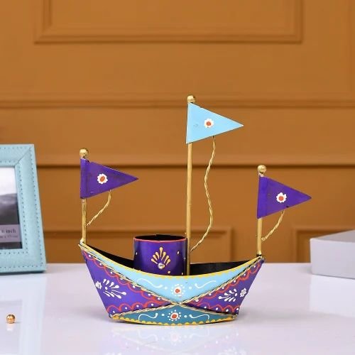 Handcrafted Metal Blue Boat Pen Holder | Artistic Tabletop Organizer for Home, Office & Study Desk