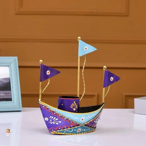 Handcrafted Metal Blue Boat Pen Holder | Artistic Tabletop Organizer for Home, Office & Study Desk