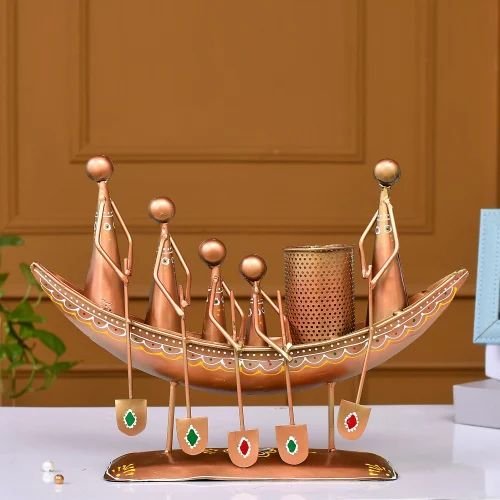Metal Boat Pen Stand | Handcrafted Nautical-Style Desk Organizer | Decorative Table Accessory for Home & Office D?cor