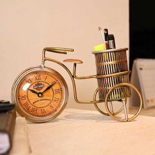 Golden Decorative Cycle Pen Stand with Clock | Elegant Metal Desk Organizer for Office & Corporate Gifting