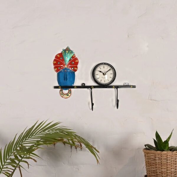 Wall Decorative Krishna Clock Key Holder in Metal | Elegant Lord Krishna Wall Hanging with Key Hooks | Home & Office D?cor Gift