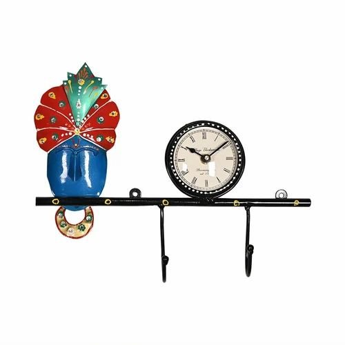 Wall Decorative Krishna Clock Key Holder in Metal | Elegant Lord Krishna Wall Hanging with Key Hooks | Home & Office D?cor Gift