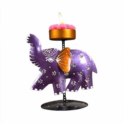 Rajasthani Hand-Painted Metal Elephant T-Lite Holder | Decorative Tealight Candle Stand for Home & Festive D?cor