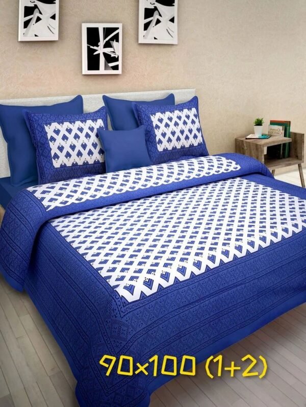 jaipuri-printed-king-size-bedsheet-with-2-pillow-cover-1000x1000-2.jpg Jaipuri Printed Cotton Double / King Size Bedsheet with 2 Pillow Covers ? Traditional Rajasthani Block Design, 100% Breathable Cotton