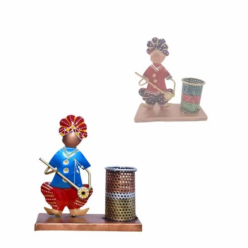 Decorative Metal Blue Men Pen Stand | Handcrafted Desk Organizer | Artistic Stationery Holder for Home & Office Decor