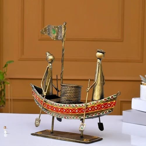 Metal Small Boat Pen Holder | Handcrafted Desk Organizer for Home & Office Decoration