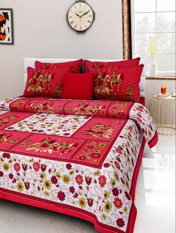 Jaipuri?Style Printed 100% Cotton Double Bedsheet with 2 Pillow Covers ? Soft & Breathable Ethnic Rajasthani Bed Linen