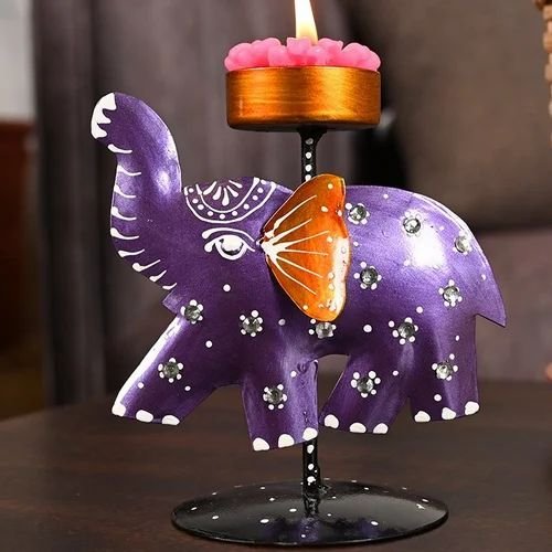 Rajasthani Hand-Painted Metal Elephant T-Lite Holder | Decorative Tealight Candle Stand for Home & Festive D?cor