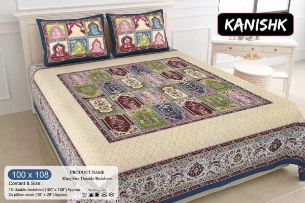 Elegant Jaipuri Cotton Double Bedsheet ? 100% Pure Cotton, Traditional Rajasthani Print, Soft Breathable, King/Double Size